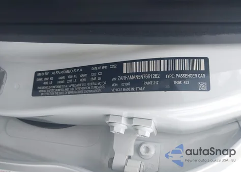 2022 Alfa Romeo Giulia Sprint Rwd из США, поврежденный, VIN ZARFAMAN5N7661262